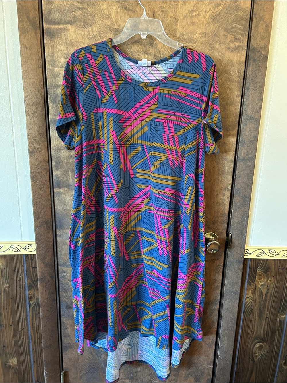 LulaRoe Carly Women's Geometric Print Swing Dress in Blue, Pink & Gold